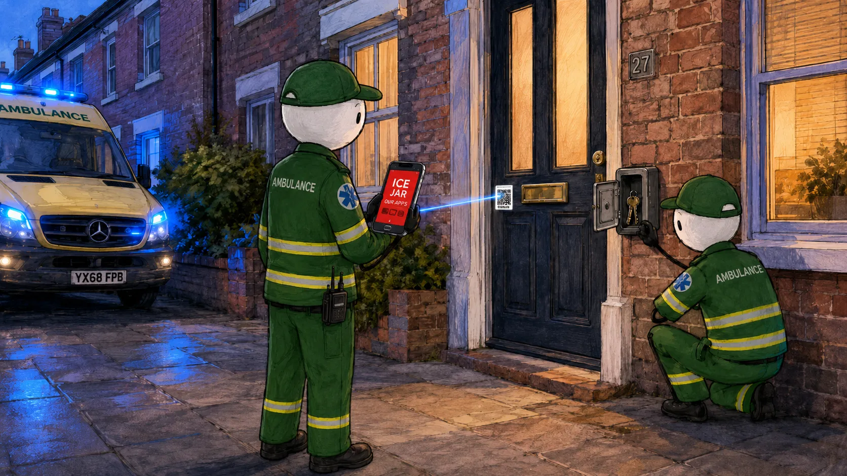 Two paramedics at a front door in the evening, one scanning an ICE Jar QR code on a key safe while an ambulance waits behind them